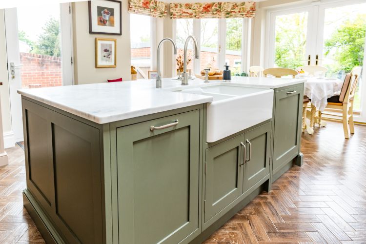 Custom Kitchen Island with Sink, Marble Top and Green Custom Drawers