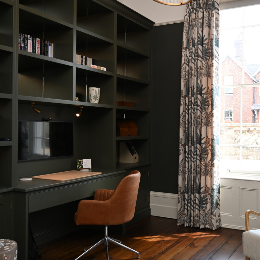 Custom Made Home Office Area showing bespoke Shelving, Drawers and Desk Space
